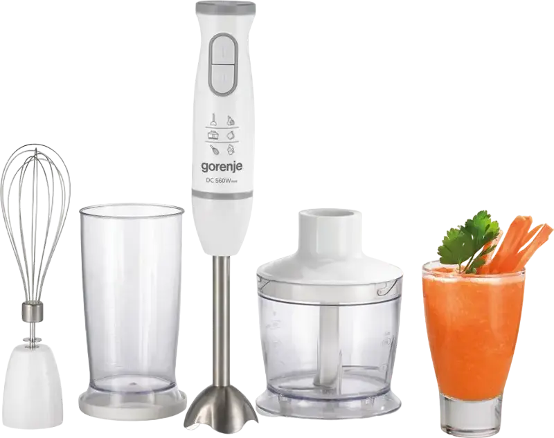 Gorenje HBC564QW Life Collection Hand Blender, 560W DC Motor, Stainless Steel Blending Foot, 2 Speeds with Pulse, Chopper, Whisk, and Beaker, White