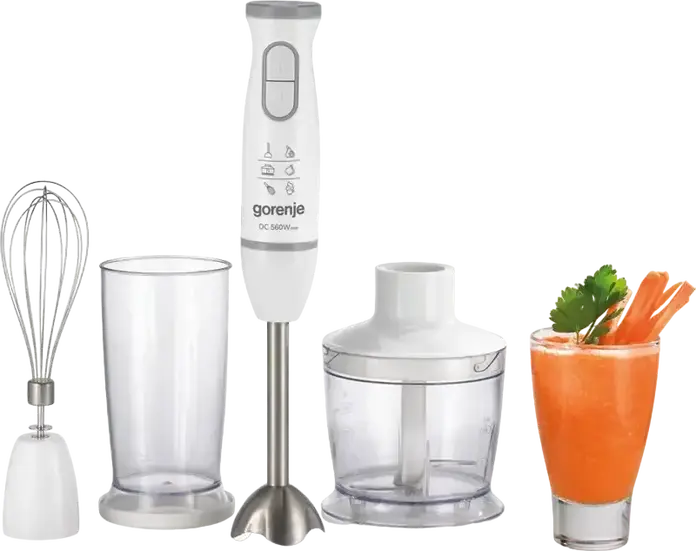 Gorenje HBC564QW Life Collection Hand Blender, 560W DC Motor, Stainless Steel Blending Foot, 2 Speeds with Pulse, Chopper, Whisk, and Beaker, White