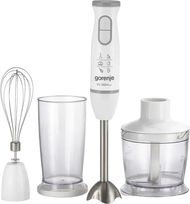 Gorenje HBC564QW Life Collection Hand Blender, 560W DC Motor, Stainless Steel Blending Foot, 2 Speeds with Pulse, Chopper, Whisk, and Beaker, White
