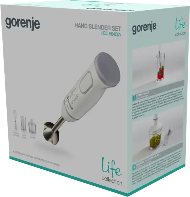 Gorenje HBC564QW Life Collection Hand Blender, 560W DC Motor, Stainless Steel Blending Foot, 2 Speeds with Pulse, Chopper, Whisk, and Beaker, White