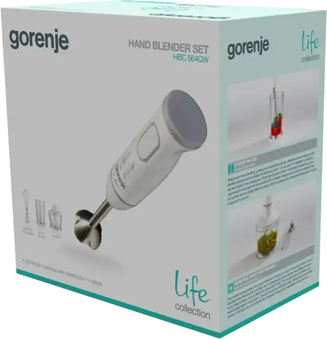 Gorenje HBC564QW Life Collection Hand Blender, 560W DC Motor, Stainless Steel Blending Foot, 2 Speeds with Pulse, Chopper, Whisk, and Beaker, White