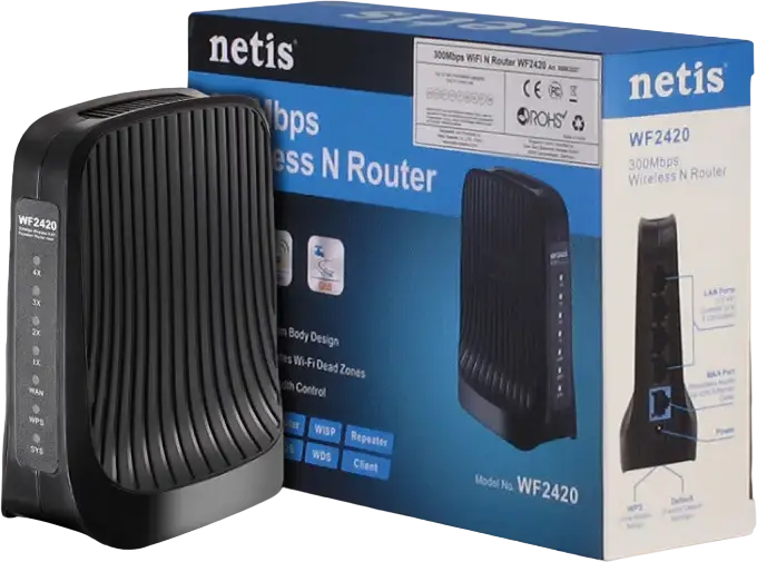 Router Wireless N Netis WF2420 300 Mbps, 2.4 GHz, 4 Porturi LAN, Moduri AP Repeater Client, Doua Antene Interne 4dBi, Design Slim - Negru