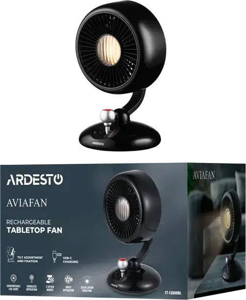 Ardesto FT-F3600BL AviaFan Axial Desk Fan, 12 cm, 3600 mAh Li-ion Battery, 3 Speed Levels, USB-C Charging, LED Backlight, Black ABS Plastic