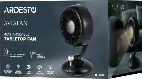 Ardesto FT-F3600BL AviaFan Axial Desk Fan, 12 cm, 3600 mAh Li-ion Battery, 3 Speed Levels, USB-C Charging, LED Backlight, Black ABS Plastic