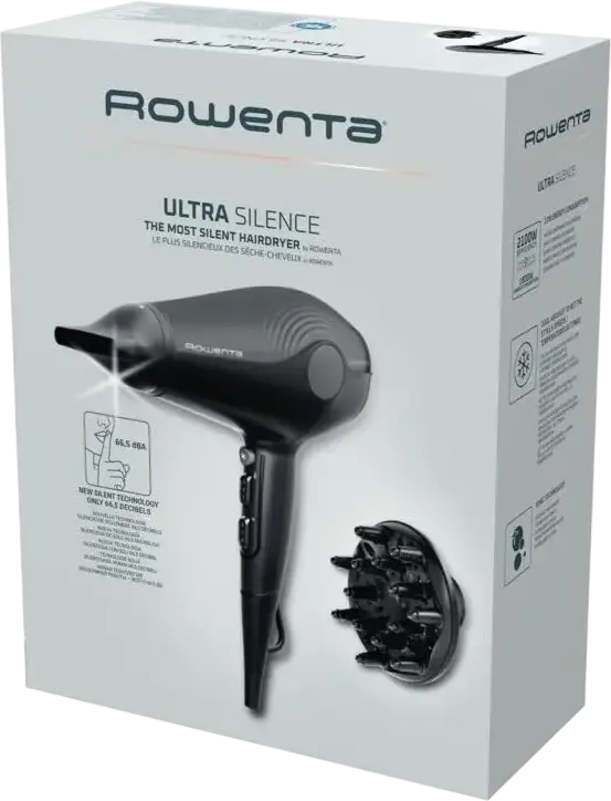 Rowenta CV6430F0 Ultra Silence Hair Dryer, 2100W, Ionization, Cold Air Shot, 3 Temperature & 2 Airflow Settings, Diffuser and Concentrator, Black