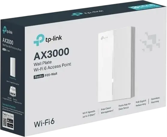 TP-Link Festa F65-Wall AX3000 Wall Plate Wi-Fi 6 Access Point, Dual-Band 3.0 Gbps, 2x2 MIMO, PoE In/Out, Gigabit Ports, Cloud Management, White