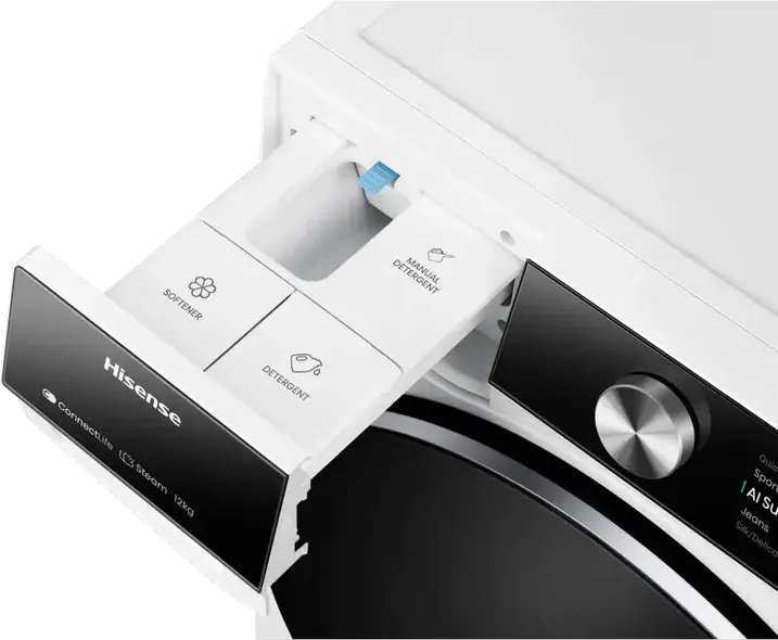 Стиральная машина Hisense WF7S1247BW с фронтальной загрузкой, 12 кг, 1400 об/мин, класс энергопотребления A, AI Super Wash, автодозировка, пар, Wi-Fi, белая