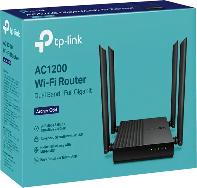 TP-Link Archer C64 AC1200 Wireless Dual Band Gigabit Router, MU-MIMO, Beamforming, WPA3 Security, 4 External Antennas, OneMesh, Black