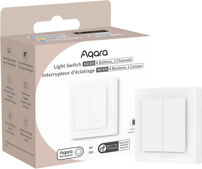 Aqara Light Switch H2 EU WS-K080 Intrerupator Smart de Perete, 4 Butoane 2 Canale, Matter over Thread, Zigbee, Bluetooth, cu sau fara Neutru, Alb