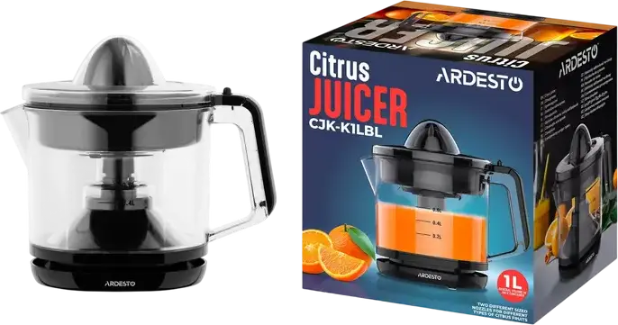 Соковыжималка для цитрусовых Ardesto CJK-K1LBL, 40 Вт, емкость 1 л, двунаправленное вращение, контроль мякоти, 2 сменных конуса, черный пластик