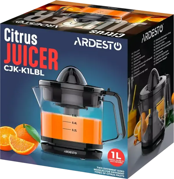 Соковыжималка для цитрусовых Ardesto CJK-K1LBL, 40 Вт, емкость 1 л, двунаправленное вращение, контроль мякоти, 2 сменных конуса, черный пластик