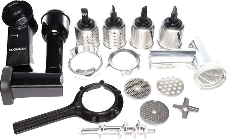 Мясорубка Kenwood MG 516, 1600 Вт, производительность 2 кг/мин, корпус из литого алюминия, 3 решетки, овощерезка с 4 дисками, серебристый