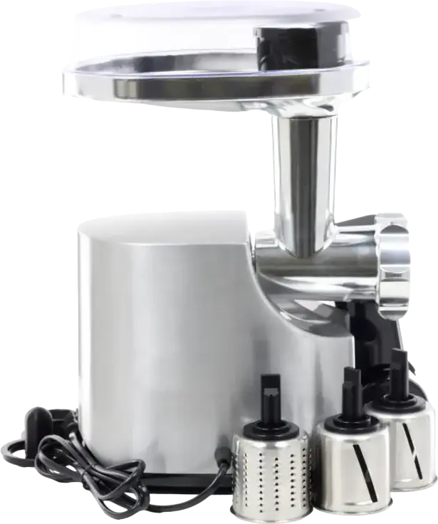 Мясорубка Kenwood MG 516, 1600 Вт, производительность 2 кг/мин, корпус из литого алюминия, 3 решетки, овощерезка с 4 дисками, серебристый