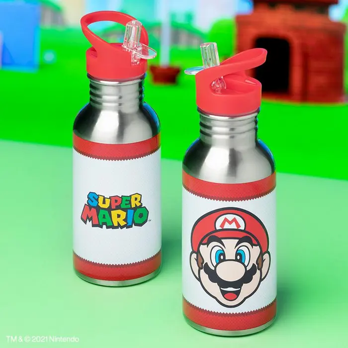 Sticla de apa din metal Paladone Super Mario PP8022NNV2, 500ml Otel Inoxidabil cu pai rabatabil si bucla de transport, Produs Nintendo Licentiat