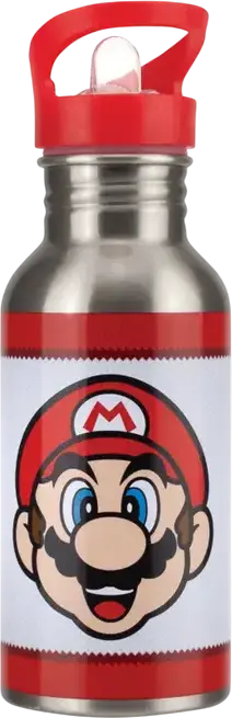 Sticla de apa din metal Paladone Super Mario PP8022NNV2, 500ml Otel Inoxidabil cu pai rabatabil si bucla de transport, Produs Nintendo Licentiat