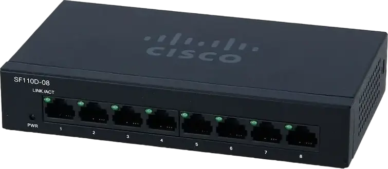 Cisco SF110D-08 Unmanaged 8-Port 10/100 Mbps Desktop Switch, 1.6 Gbps Switching Capacity, QoS, Energy Efficient Ethernet, Metal Housing, Black
