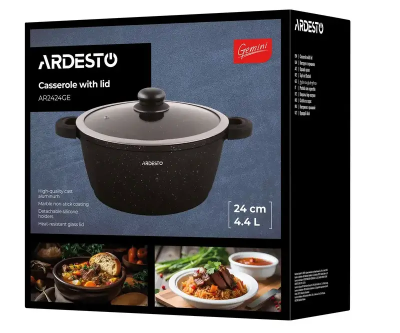 Ardesto AR2424GE Gemini Anzio Cast Aluminum Casserole with Glass Lid, 24 cm, 4.4 L, Non-stick Marble Coating, Induction Compatible, Black