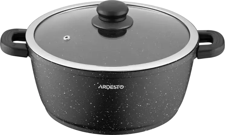 Ardesto AR2424GE Gemini Anzio Cast Aluminum Casserole with Glass Lid, 24 cm, 4.4 L, Non-stick Marble Coating, Induction Compatible, Black