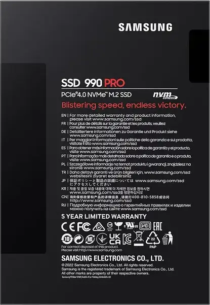 Samsung 990 PRO 4TB M.2 NVMe PCIe Gen 4.0 x4 SSD MZ-V9P4T0BW, Up to 7450MB/s Read, 6900MB/s Write, 3D TLC V-NAND, PS5 Compatible