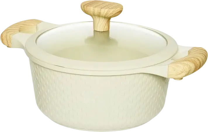 Resto 93801 RAN Aluminum Casserole Pot with Glass Lid, 2.4L, 20cm, Non-stick PFLUON Coating, Wood-effect Handles, Beige