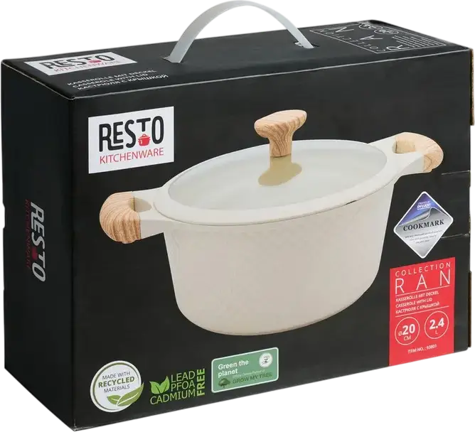 Resto 93801 RAN Aluminum Casserole Pot with Glass Lid, 2.4L, 20cm, Non-stick PFLUON Coating, Wood-effect Handles, Beige