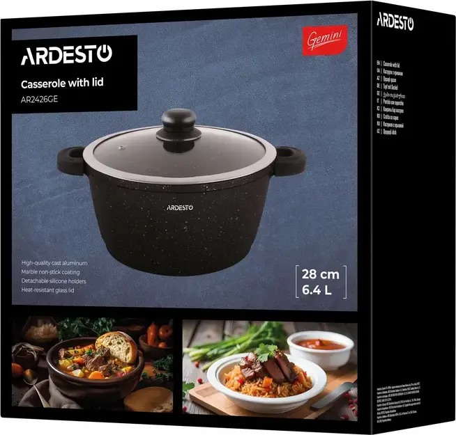 Ardesto AR2426GE Gemini Anzio Cast Aluminum Casserole with Glass Lid, 28 cm, 6.4 L, Non-stick Marble Coating, Induction Compatible, Black