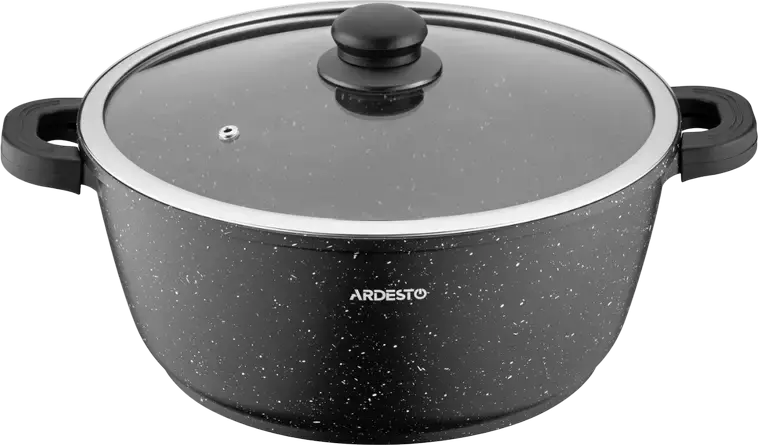 Ardesto AR2426GE Gemini Anzio Cast Aluminum Casserole with Glass Lid, 28 cm, 6.4 L, Non-stick Marble Coating, Induction Compatible, Black