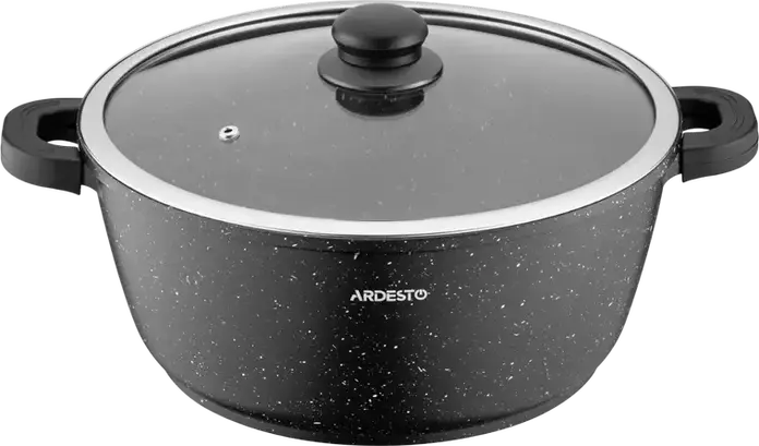 Ardesto AR2426GE Gemini Anzio Cast Aluminum Casserole with Glass Lid, 28 cm, 6.4 L, Non-stick Marble Coating, Induction Compatible, Black