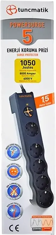 Tuncmatik TSK6136 PowerSurge 5 Surge Protector, 5 Sockets, 1.5m Cable, 1050J, 8000A, 6kV, Child Safe Shutter, Overload Protection, Black