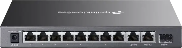 Switch Desktop Neadministrat TP-Link DS111P Omada, 8 Porturi PoE+ 10/100Mbps, 3 Porturi Gigabit Uplink, Buget 65W, Transmisie 250m, Carcasă Oțel, Fără Ventilator