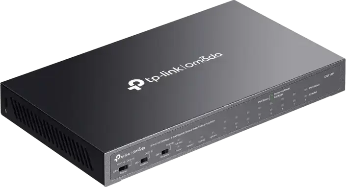 Switch Desktop Neadministrat TP-Link DS111P Omada, 8 Porturi PoE+ 10/100Mbps, 3 Porturi Gigabit Uplink, Buget 65W, Transmisie 250m, Carcasă Oțel, Fără Ventilator