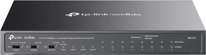 Switch Desktop Neadministrat TP-Link DS111P Omada, 8 Porturi PoE+ 10/100Mbps, 3 Porturi Gigabit Uplink, Buget 65W, Transmisie 250m, Carcasă Oțel, Fără Ventilator