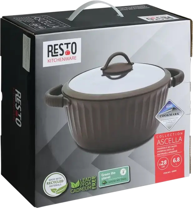Cratiță RESTO 94005 ASCELLA din Aluminiu cu Strat Non-stick Pfluon Cookmark și Capac de Sticlă, 6.8L, Diametru 28cm, Cafeniu