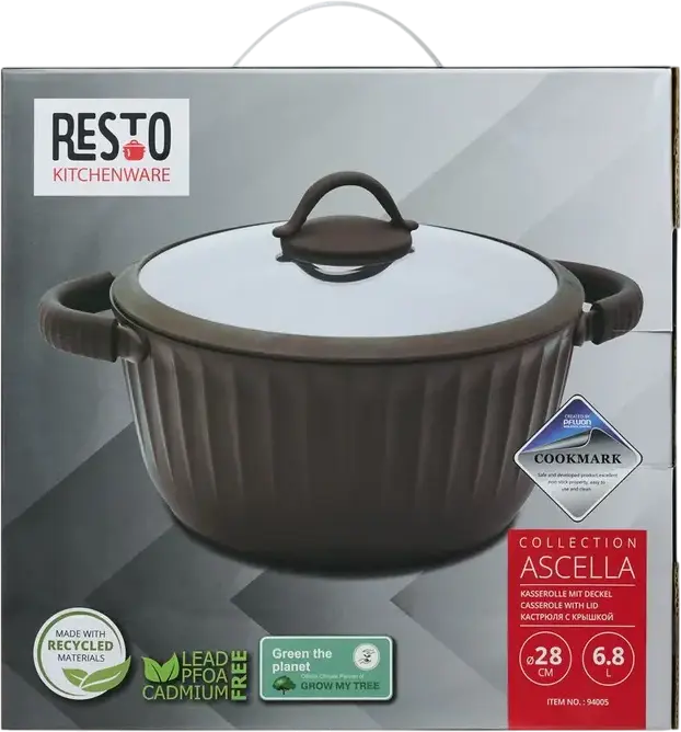 Cratiță RESTO 94005 ASCELLA din Aluminiu cu Strat Non-stick Pfluon Cookmark și Capac de Sticlă, 6.8L, Diametru 28cm, Cafeniu