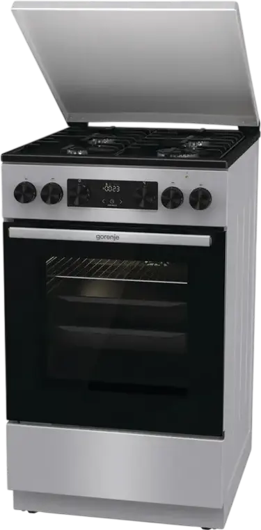 Cuptor Mixt Gorenje GK5C64SH, Plita cu 4 Arzatoare Gaz, Cuptor Electric 62L cu Convectie si Grill, Curatare AquaClean, Gri, Otel Emailat, 50cm