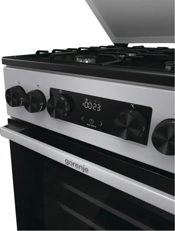 Cuptor Mixt Gorenje GK5C64SH, Plita cu 4 Arzatoare Gaz, Cuptor Electric 62L cu Convectie si Grill, Curatare AquaClean, Gri, Otel Emailat, 50cm