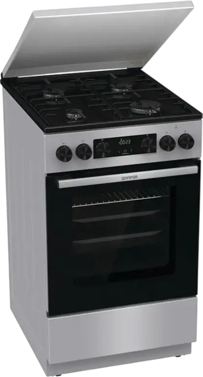 Cuptor Mixt Gorenje GK5C64SH, Plita cu 4 Arzatoare Gaz, Cuptor Electric 62L cu Convectie si Grill, Curatare AquaClean, Gri, Otel Emailat, 50cm