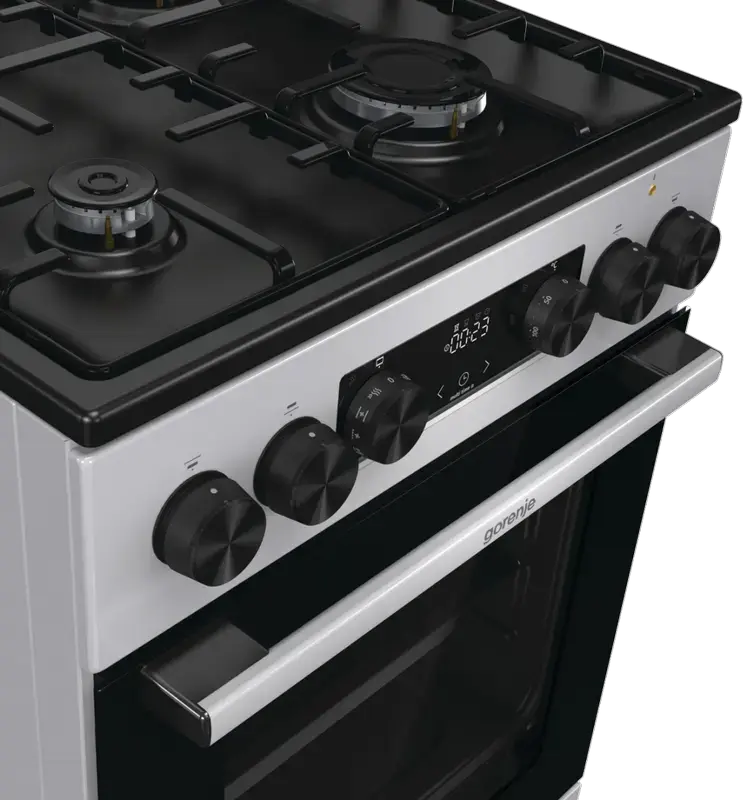 Cuptor Mixt Gorenje GK5C64SH, Plita cu 4 Arzatoare Gaz, Cuptor Electric 62L cu Convectie si Grill, Curatare AquaClean, Gri, Otel Emailat, 50cm