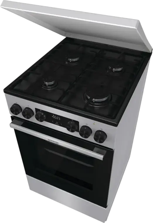 Cuptor Mixt Gorenje GK5C64SH, Plita cu 4 Arzatoare Gaz, Cuptor Electric 62L cu Convectie si Grill, Curatare AquaClean, Gri, Otel Emailat, 50cm