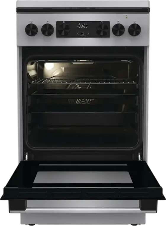 Cuptor Mixt Gorenje GK5C64SH, Plita cu 4 Arzatoare Gaz, Cuptor Electric 62L cu Convectie si Grill, Curatare AquaClean, Gri, Otel Emailat, 50cm