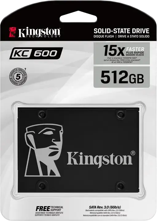 Kingston KC600 512GB 2.5" SATA III SSD, 3D TLC NAND, Up to 550MB/s Read, 500MB/s Write, Hardware Encryption, SKC600/512G