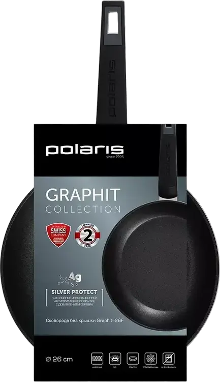 Polaris Graphit-26F Forged Aluminum Frying Pan, 26 cm, Non-Stick Silver Protect Coating, Induction Compatible, Bakelite Handle, Graphite