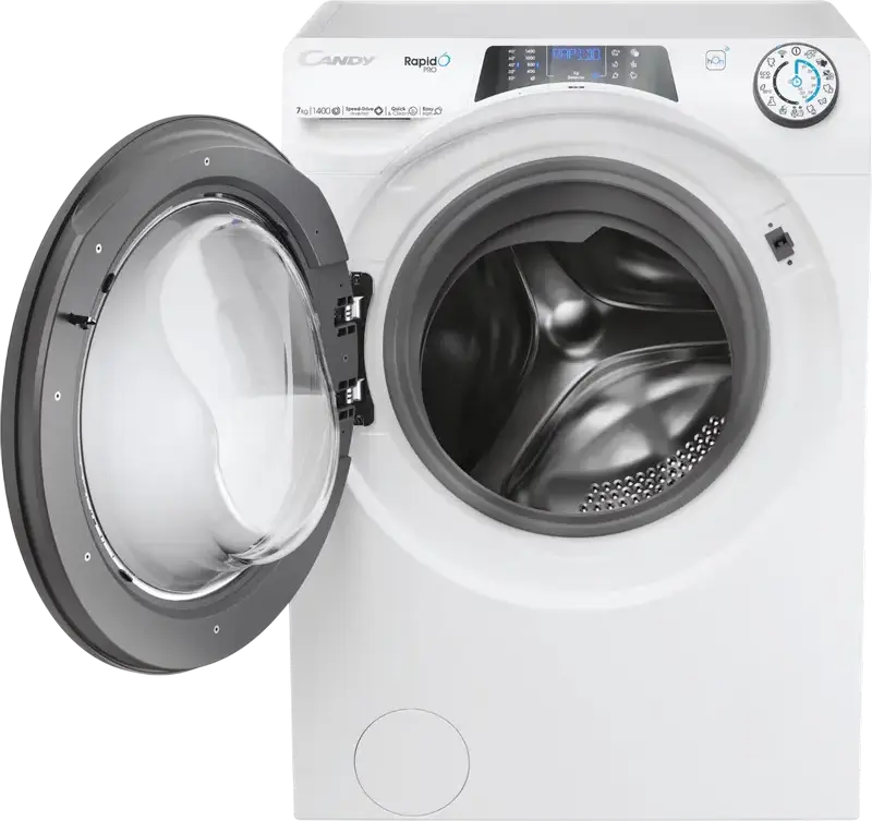 Candy RP4 476BWMR/1-S Slim Front Load Washing Machine, 7kg, 1400 rpm, Inverter Motor, Steam Hygiene+, WiFi hOn, 16 Programs, White/Grey, 45.4cm Depth