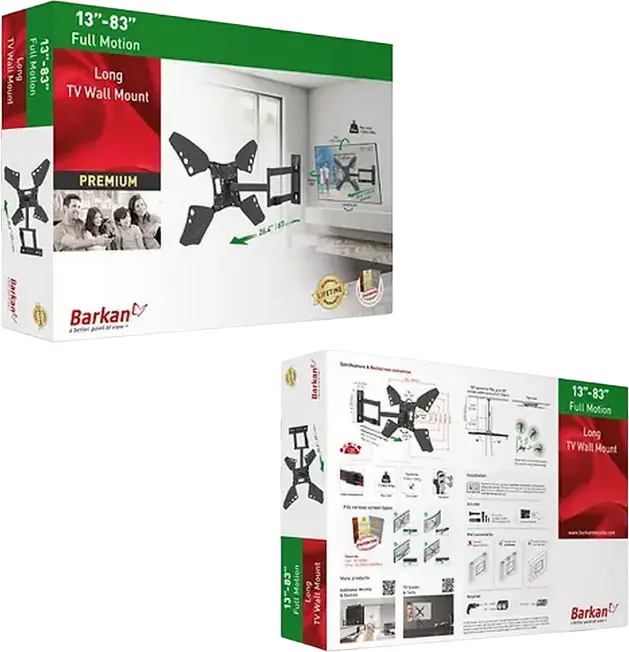 Barkan 3400L Full Motion Long TV Wall Mount, Black, for 13-83 inch Screens, VESA up to 600x400mm, Max Load 40kg, Swivel 180, Tilt -5 to +15 Degrees