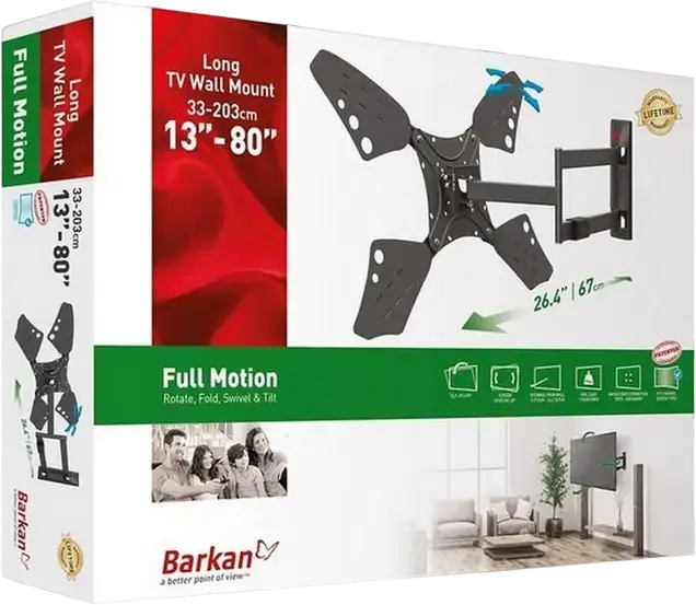 Barkan 3400L Full Motion Long TV Wall Mount, Black, for 13-83 inch Screens, VESA up to 600x400mm, Max Load 40kg, Swivel 180, Tilt -5 to +15 Degrees