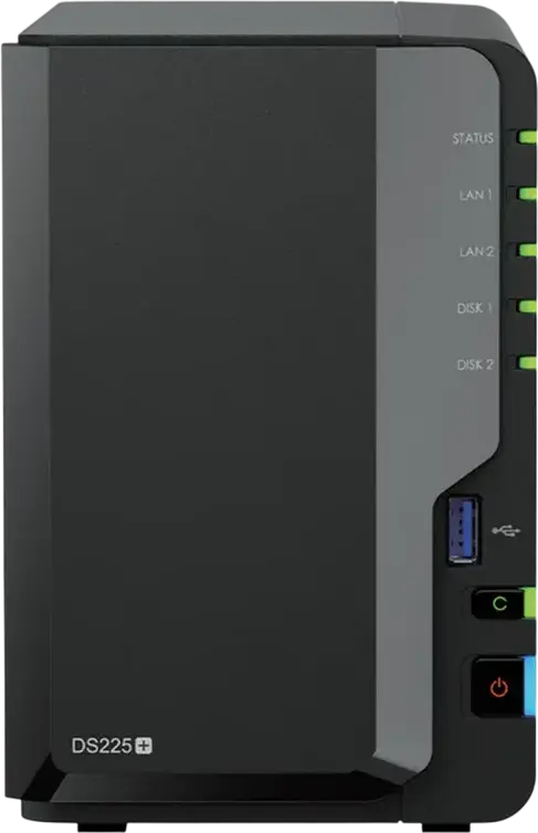 Сетевое хранилище Synology DS225+ NAS DiskStation на 2 отсека, Intel Celeron J4125 4-ядра 2.7ГГц, 2ГБ DDR4, LAN 1Гбит/с и 2.5Гбит/с, USB 3.2 Gen 1, черный