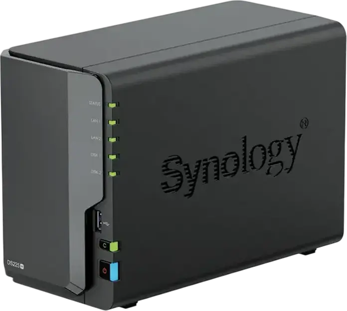Сетевое хранилище Synology DS225+ NAS DiskStation на 2 отсека, Intel Celeron J4125 4-ядра 2.7ГГц, 2ГБ DDR4, LAN 1Гбит/с и 2.5Гбит/с, USB 3.2 Gen 1, черный