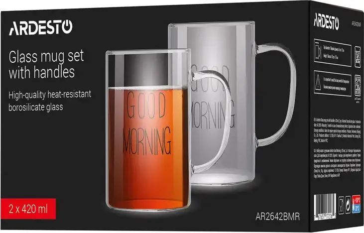 Set Cani din Sticla Borosilicata Ardesto AR2642BMR Good Morning, 420ml, Transparente, Rezistente la Temperatura -20 la +150 °C, 2 Bucati