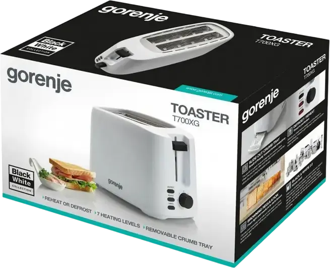 Gorenje T700XG 2-Slot Toaster, 850W, 7 Browning Levels, Defrost and Reheat Functions, Removable Crumb Tray, White, Black & White Collection