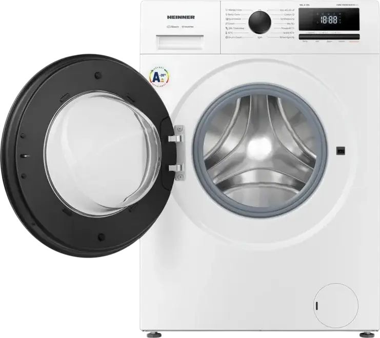 Стиральная машина Heinner HWM-HME9014IVA10+++ с фронтальной загрузкой, 9 кг, 1400 об/мин, инверторный двигатель, очистка паром, 15 программ, класс A-10%, белая